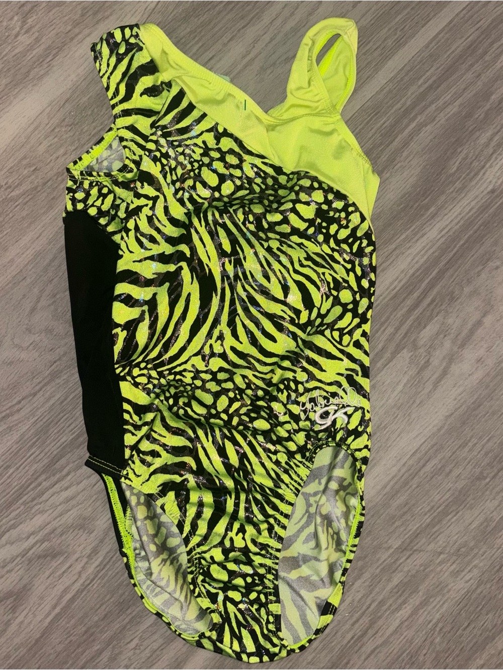 GK Neon Yellow Zebra Print gymnastics dance leotard, adult Xsmall